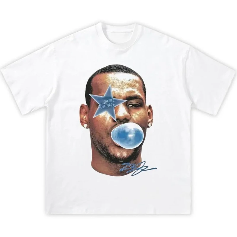 LeBron James Bubble Gum Blue Boxy Cotton T-shirt, y2k， Streetwear, basketball, patterned T-shirts