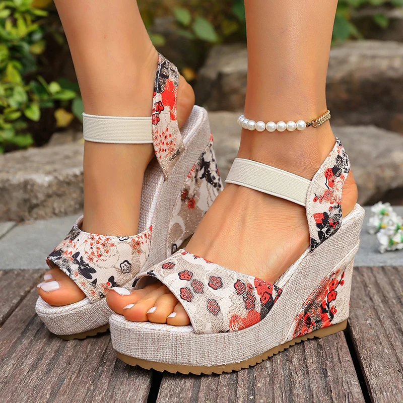 

Bohemian Floral Printed Wedge Heel Sandals Women Summer Slip On Chunky Platform Sandles Woman Elastic Strap High Heels Sandals