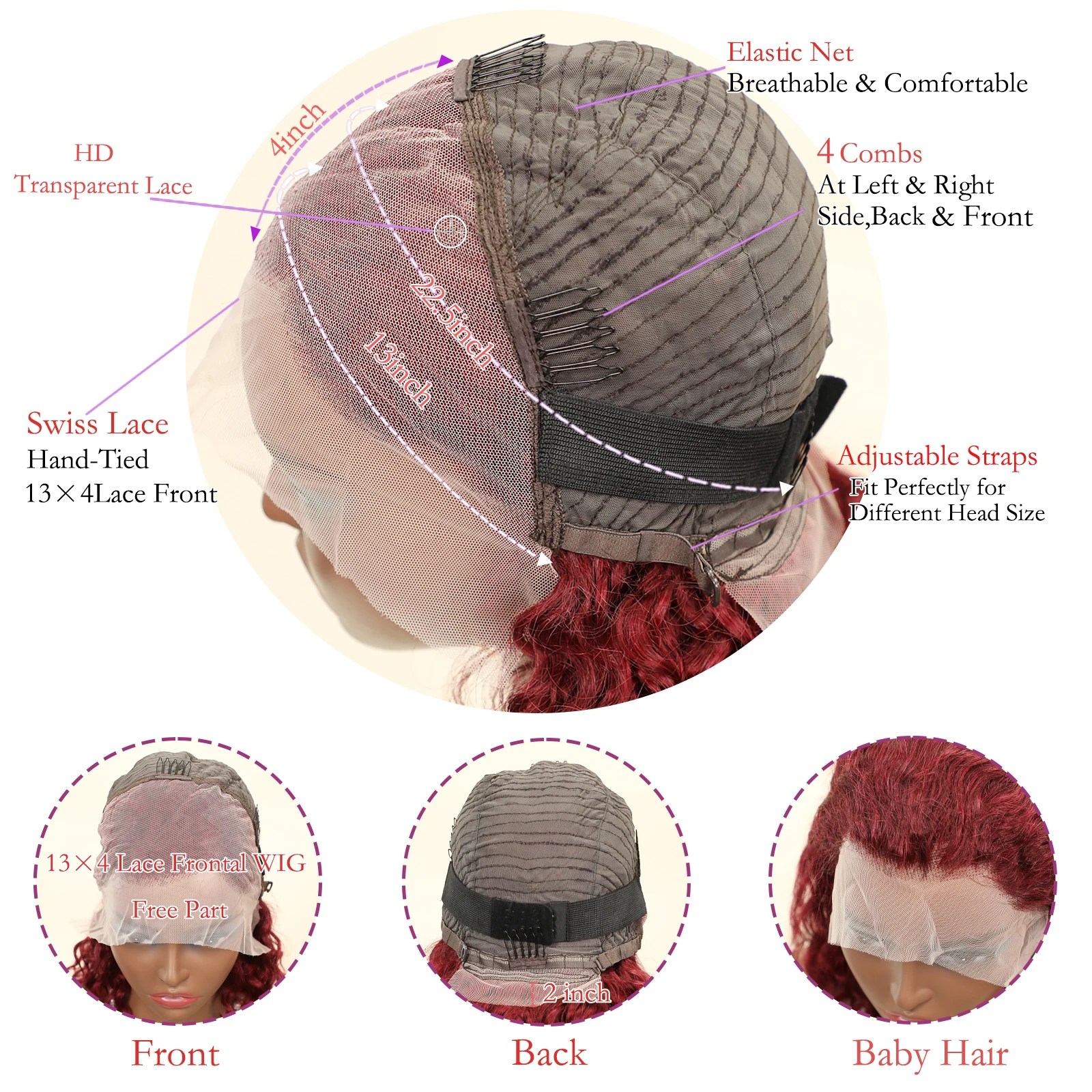 13x4 ลูกไม้ด้านหน้าวิกผมสั้น BOB CURLY วิกผม 99J Burgundy สี Deep Water WAVE BOB วิกผมลูกไม้ด้านหน้าด้านหน้า 100% ผมมนุษย์สําหรับผู้หญิง