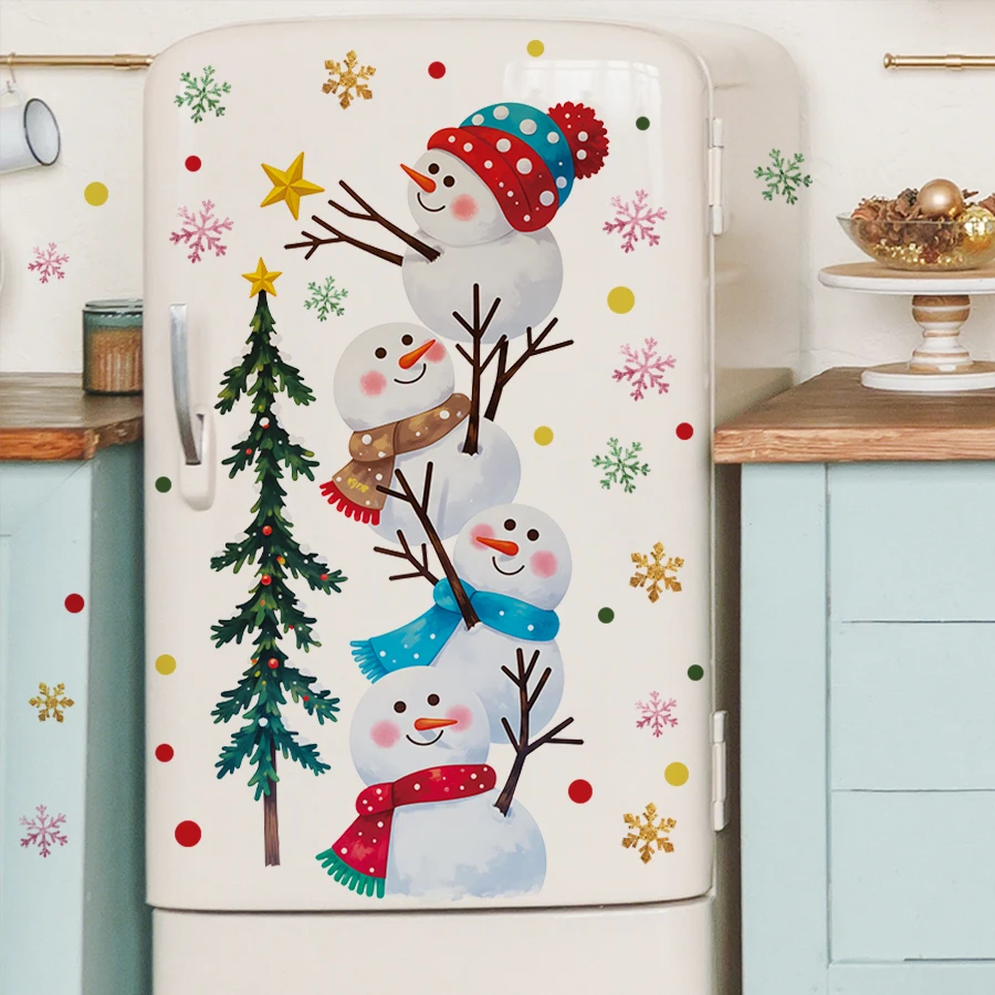 Colorful Christmas Wall Stickers Removable Vinyl Decals With Stacked Snowmen For Bedroom Living Room Decoration