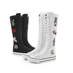 2026 Women Canvas Bling Boots School Long Boots Zipper White Sneaker Embroidery Hearts Knee High Cartoon Patch Plus Size 35-43