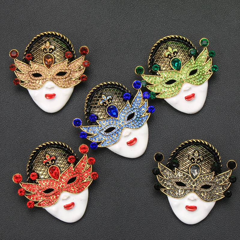 Venetian Mask Brooch Vintage Enamel Rhinestone Lady Face Pin Alloy Women Jewelry Carnival Party Gift