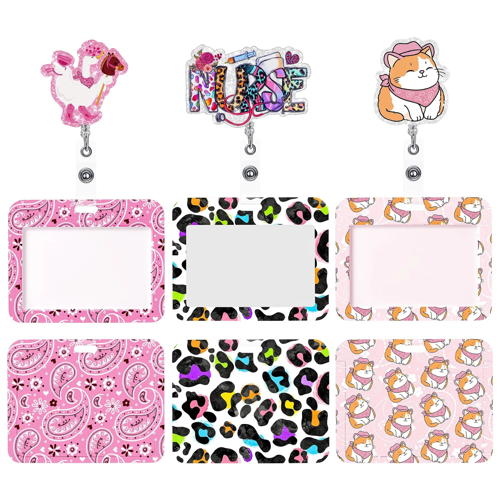 NURSE Cat White Goose ABS Retractable Badge Reel Staff Horizontal ID Card Holder Name Tag Set