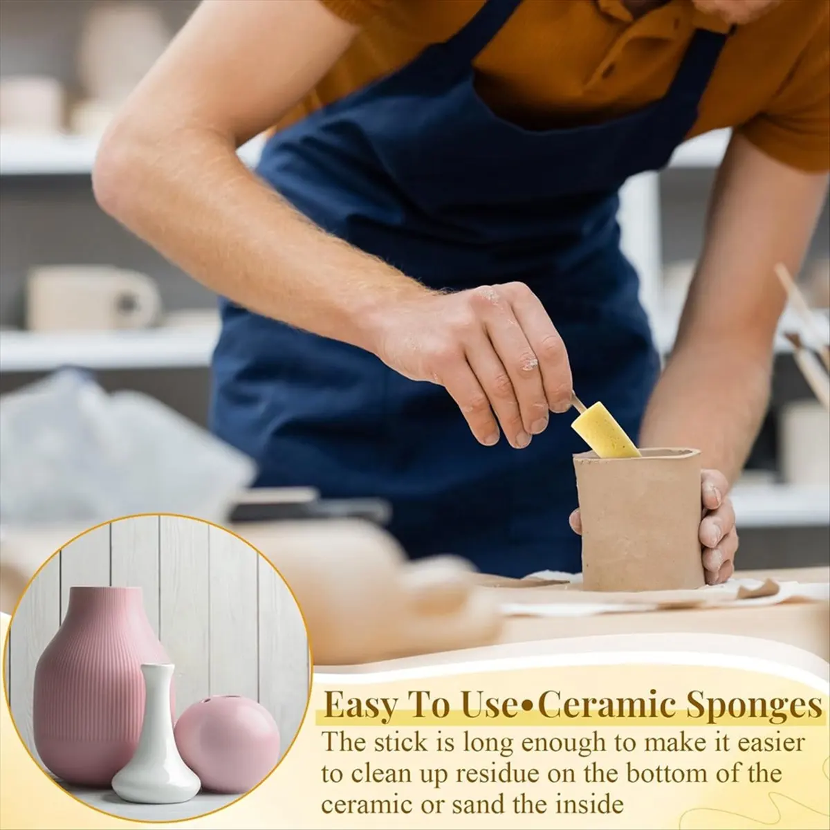 REST 6 Pcs Pottery Sponges for Clay with Stick Pottery Trimming Tools for Clay Making Ceramic Tools Burr Repair Sponge