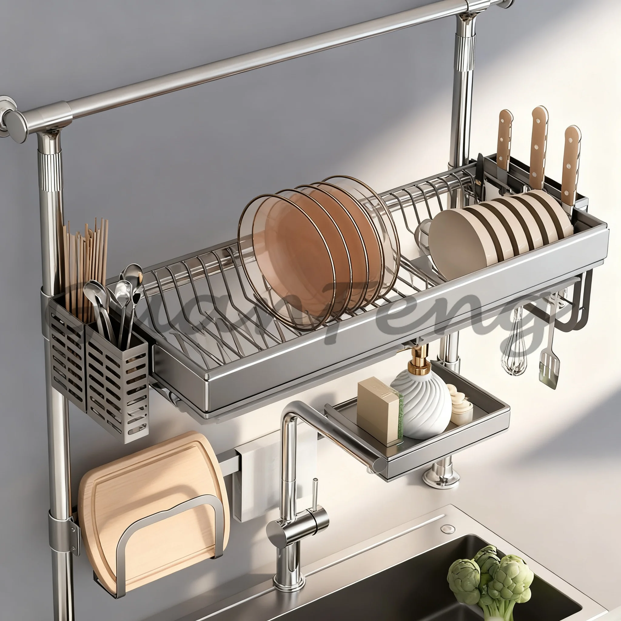 Expandable Over Sink Dish Rack, Kitchen Sink Drain Organizer, Storage Platform for Bowl Plate Vegetable Tray