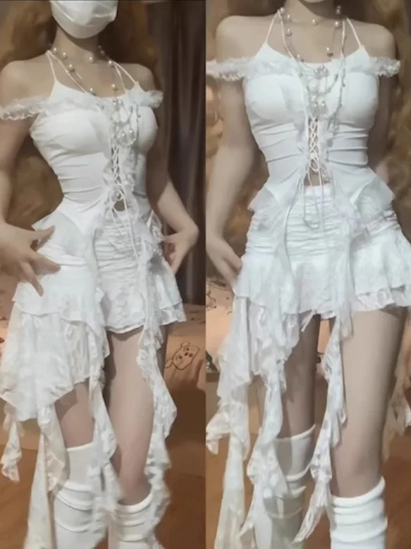 

Сексуальная кружевная асимметричная майка Sa и юбка с высокой талией, комплект из двух предметов для молодых женщин, летняя мода