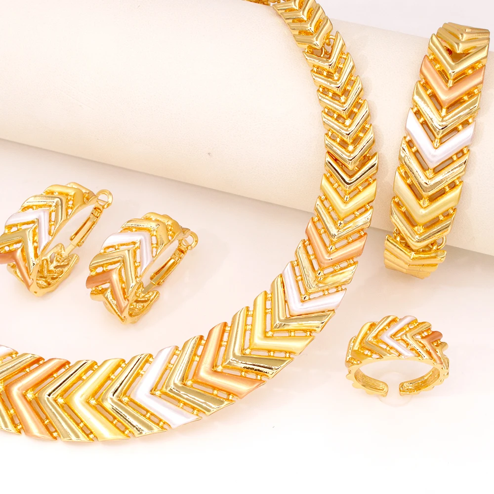 GZJPEI Tricolor-Schmuckset für nigerianische Braut, Hochzeitsgeschenk, hochwertig, 18 Karat vergoldet, große Halskette, Armband, Ohrring