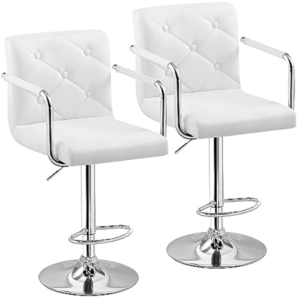 VECELO Adjustable Bar Stools Set of 2,Swivel PU Leather Counter Height Barstool with Back and Arms for Kitchen/Island, White