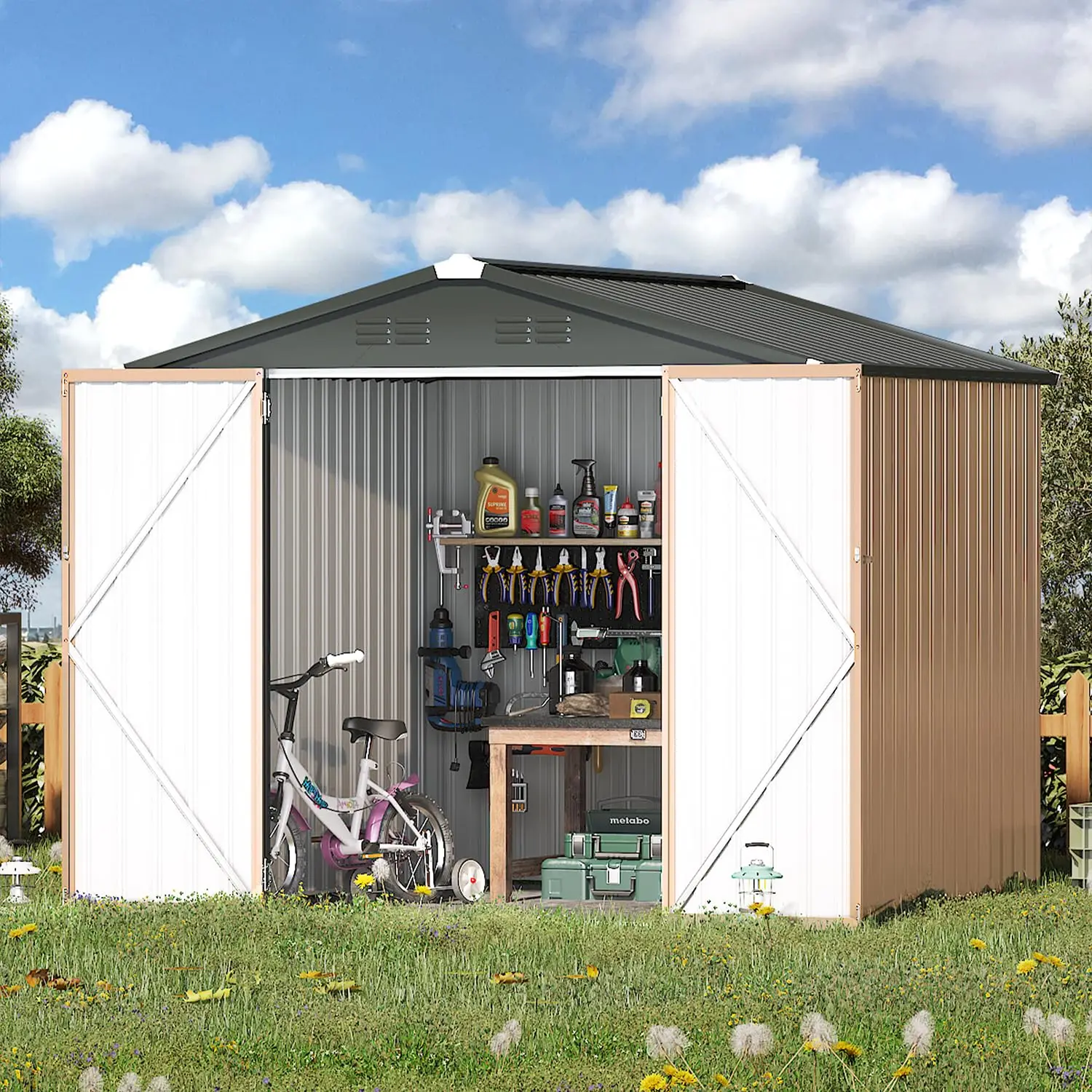 7' x 7' Storage Metal Shed, Large Outdoor Sheds & Outdoor Storage Clearance 7x7, Lockable Garden Shed, Utility and Tool, Custom