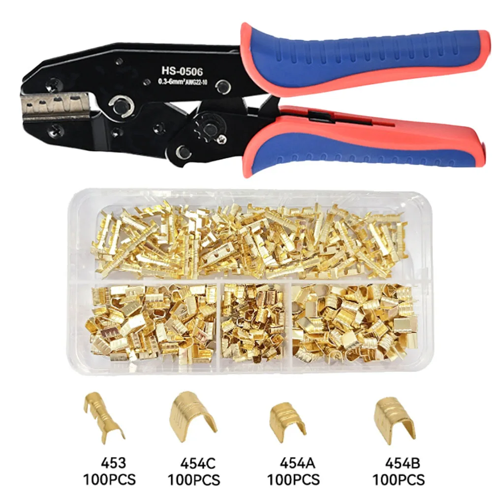 454A/B/C U-Type Copper Buckle Fuse Clips Crimper, 453 Ratchet Crimping Pliers for Cold Press Terminals Wiring Crimper Tool