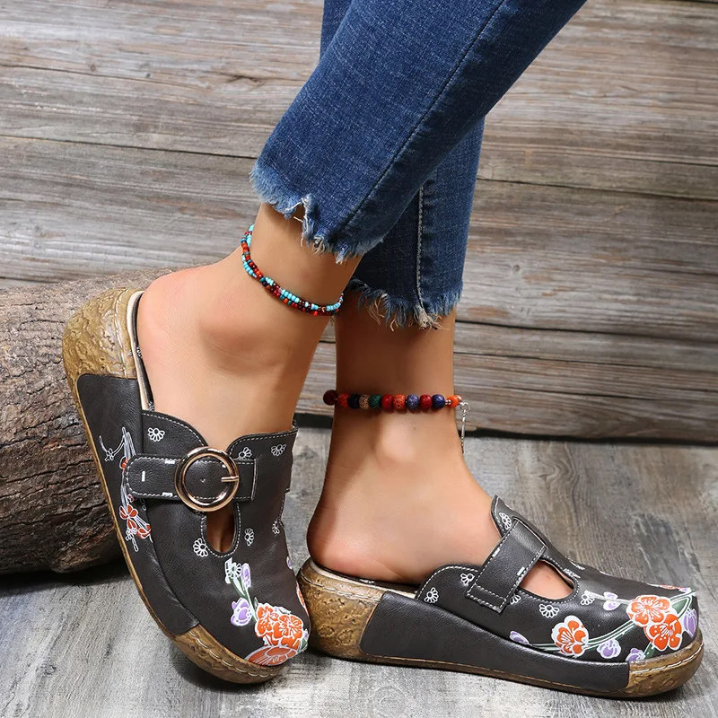 BCEBYL 2023 New Outdoor Printed Baotou Wedge Slippers Women's Roman Platform Shoes Comfortable Summer Women's Sandals