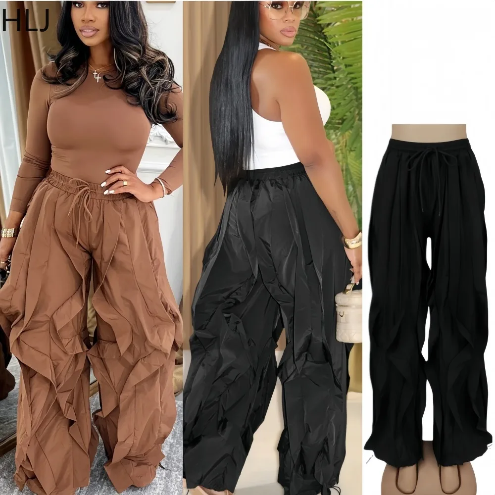 

HLJ Winter Sexy Ruched Patchwork Bodycon Pants for Woman Solid Color Drawstring Loose Wide-leg Pants Female Streetwear Bottoms