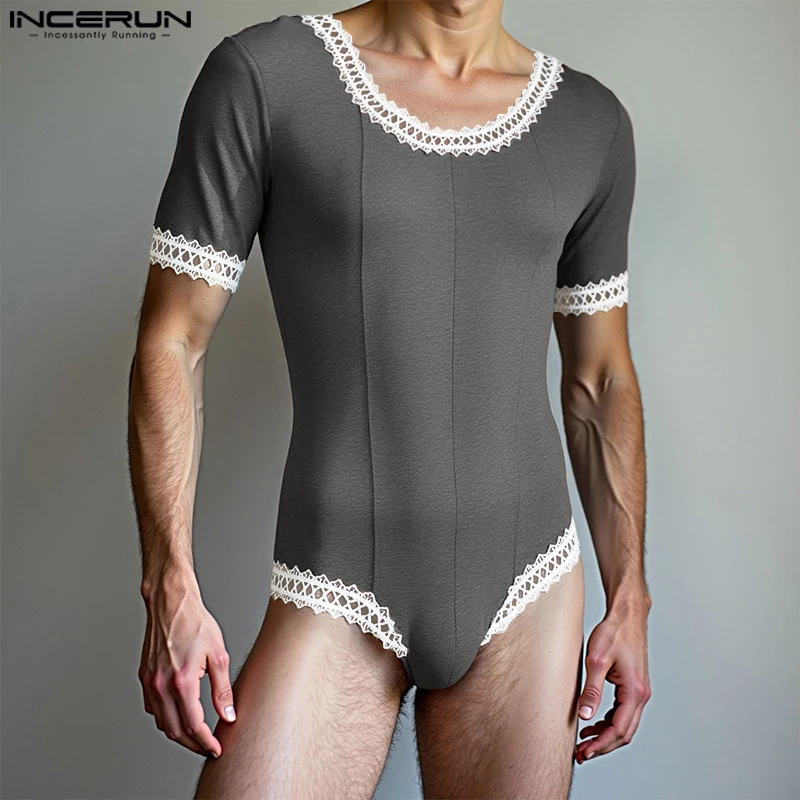 INCERUN Men Bodysuits Lace Patchwork O-neck Short Sleeve Sexy Male Rompers Playsuits 2025 Summer Streetwear Fashion Bodysuit Men