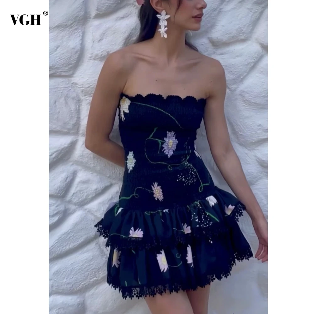 VGH Sexy Holiday Floral Embriodery Dress for Women Strapless Sleeveless High Waist Patchwork Ruffles Mini Dresses Female Summer