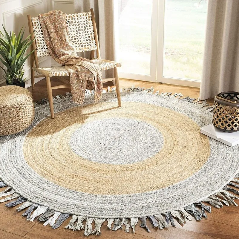 Rug Jute & Cotton Handmade Reversible Area Rug Round Modern Rustic Look Carpet