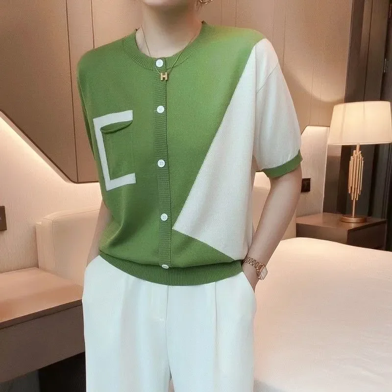 

Korean Casual Spring Fashion Versatile Irregular Color Blocked Single New Trend Top Thin Loose Short Sleeve Knit Sweater