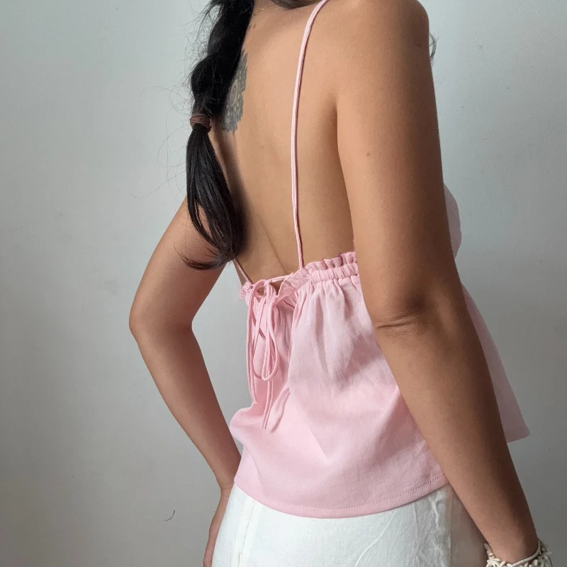 WhereMery Sexy Off Shoulder V-neck Backless Solid Crop Tops Y2K Casual Sleeveless Slim Tank Top Fashion New Daily Women Camisole image 3