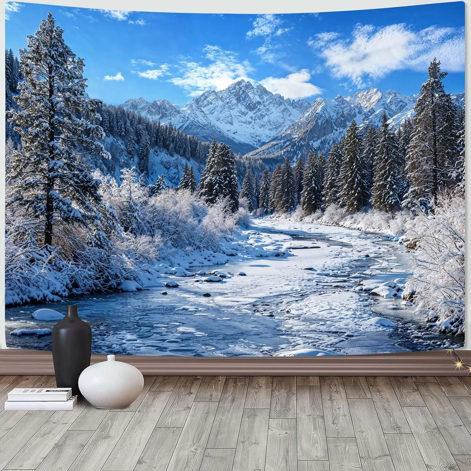 Luxury Snowy Mountain Landscape Tapestry Wall Art Decor Large Indoor Print Alpine Forest Winter River View Poster
