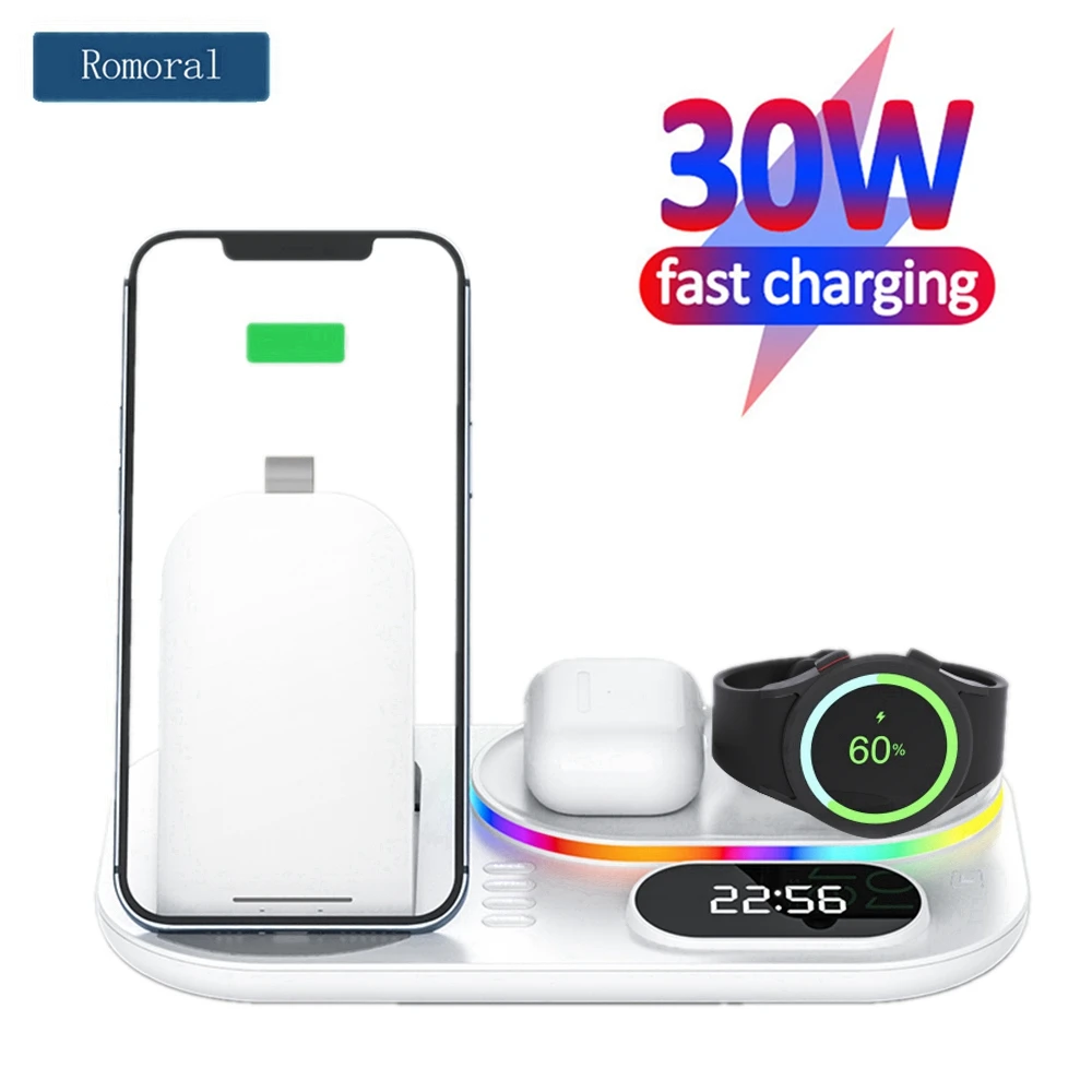 

30W 3 in 1 Qi-Certified Charger Dock RGB Wireless Charger Stand For Samsung S22/ S21 Ultra S20 For Galaxy Watch 5/4 Pro Charging