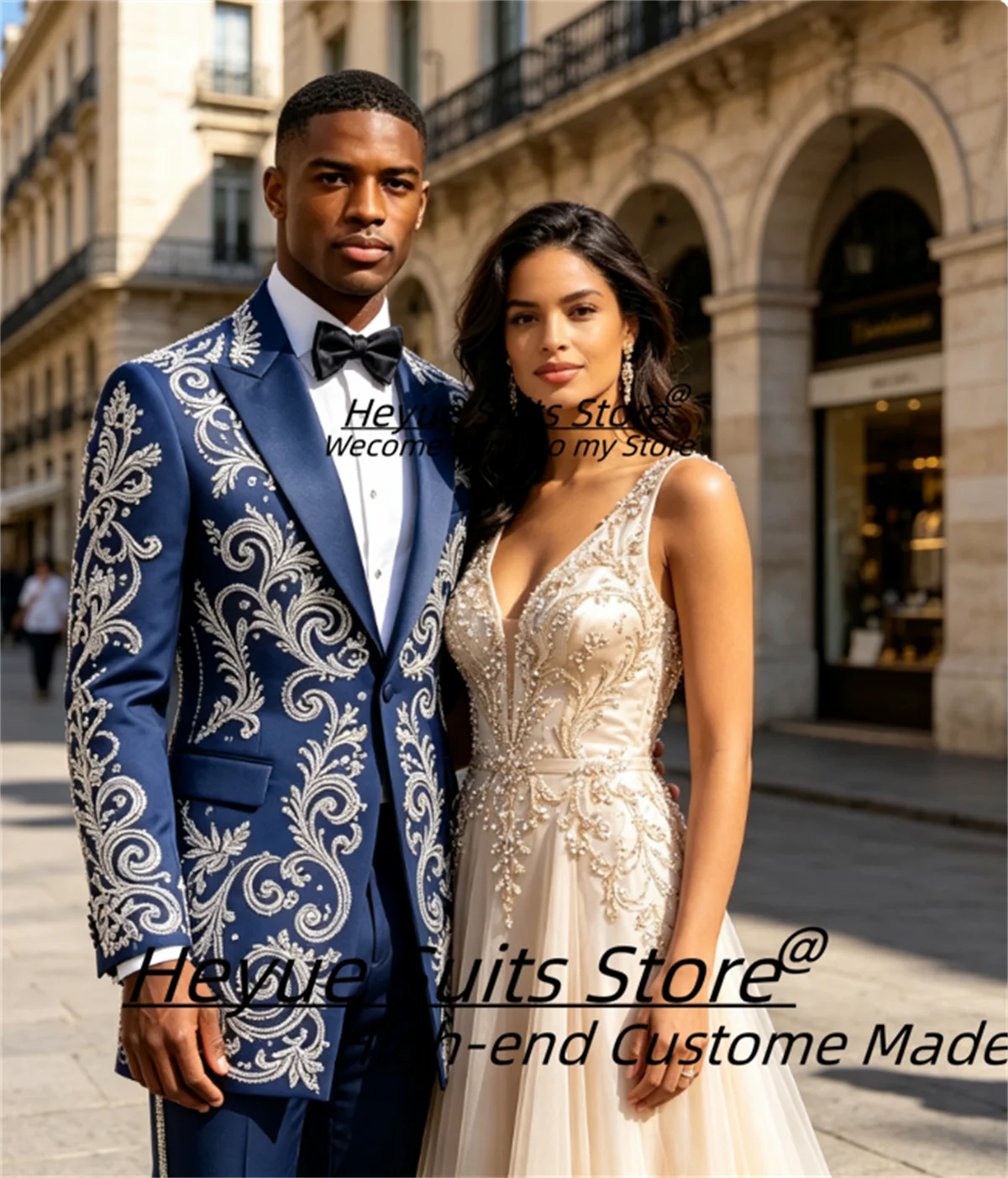 Customized Navy Blue Floral Embroidery Groom Wedding Tuxedo Slim Fit Peak Lapel Groom Wedding Tuxedos Male Evening Party Blazers