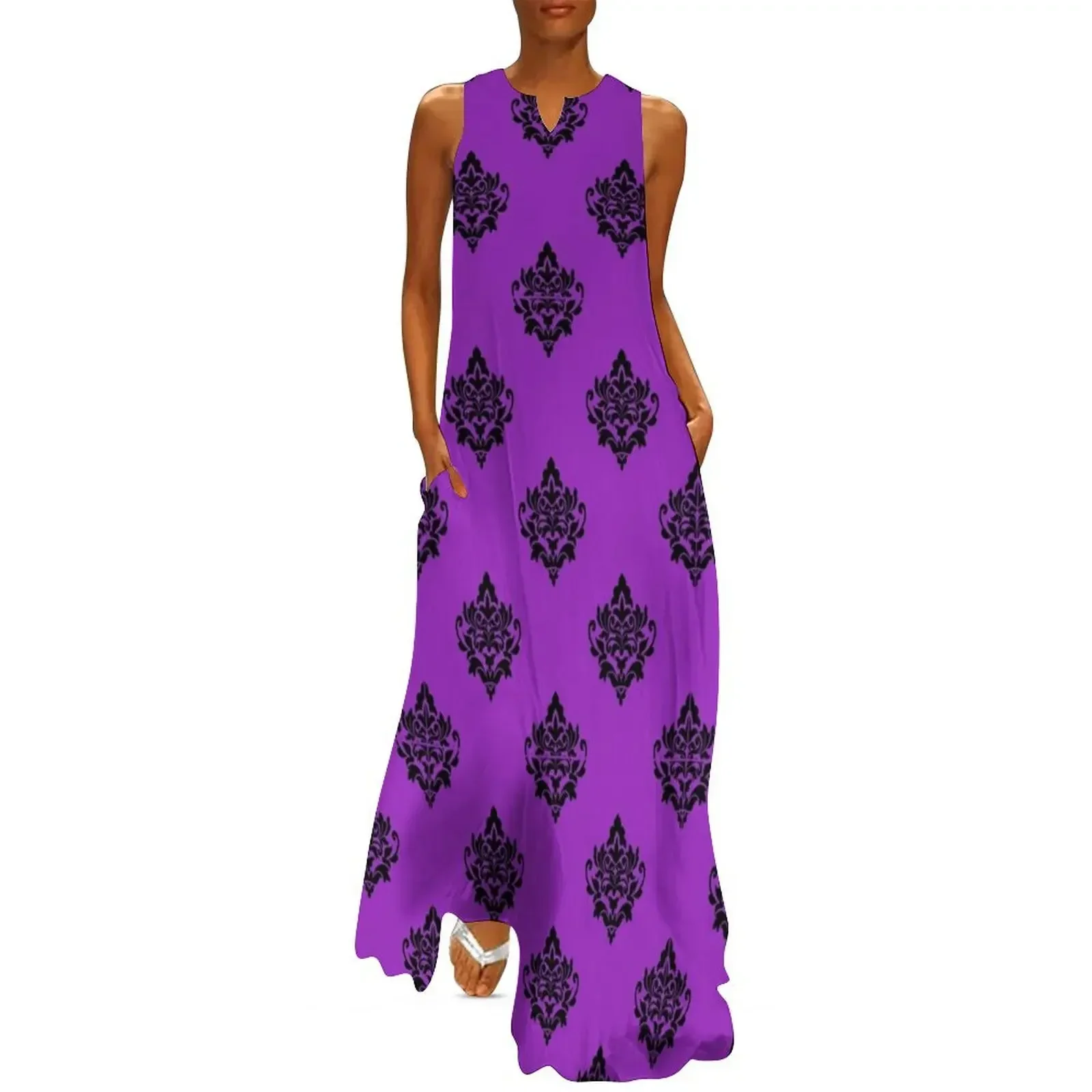 

Vintage Black Purple Damask Pattern Long Dress Clothing female Long dress woman cocktail dresses womans clothing Dress