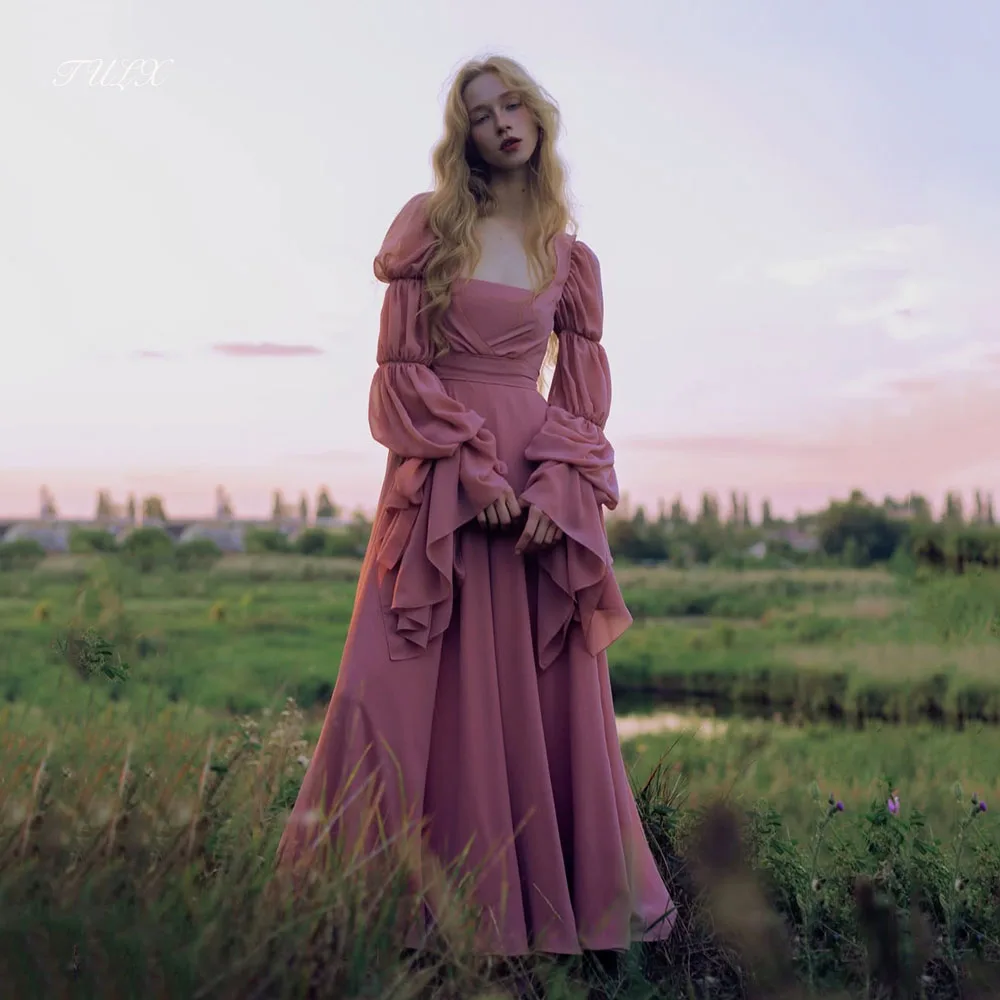 

TULX Fairy Chiffon Evening Dress Square Collar Long Sleeve Party Dress A line Long Floor Length Formal Event Dress Customized