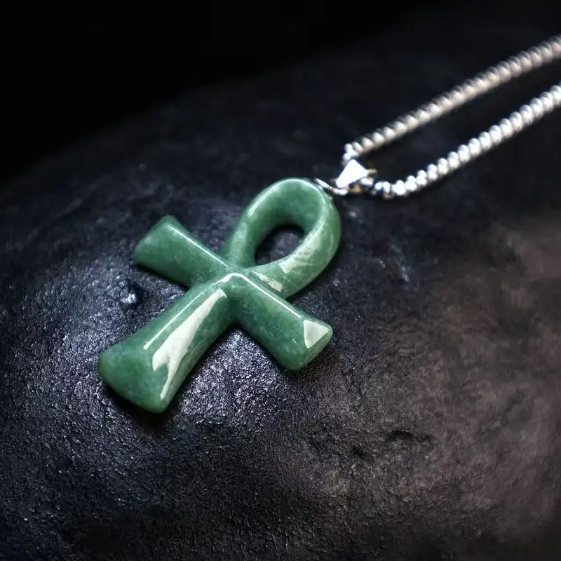 Natural Grade A Jadeite Bean Green Ancient Egyptian Ankh Cross Yu-Gi-Oh Dead Man Resurrection Jade Pendant Gift