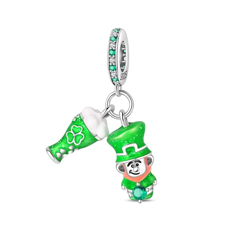 

Fit DIY Original 925 Sterling Silver Green Beer Party Charms Beads Sparkling CZ Zircon Dangle For Women Birthday Jewelry Gifts