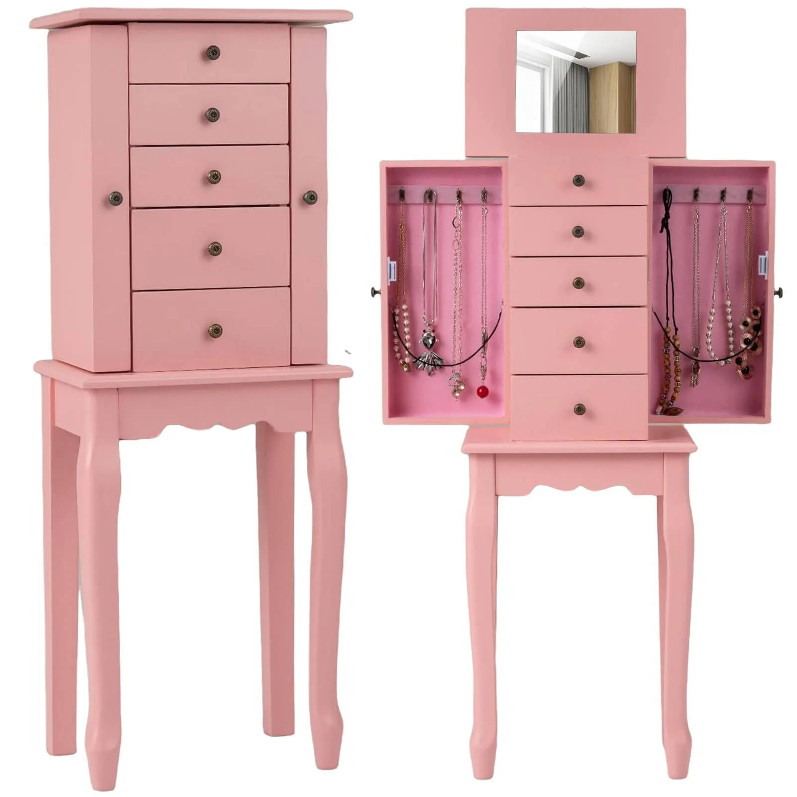 Jewelry Cabinet w/ Mirror Armoire Storage Chest Stand Organizer Christmas Pink