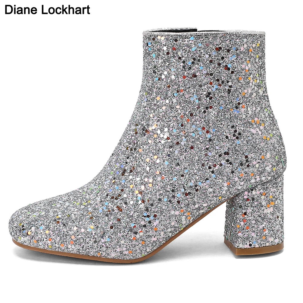 2024 New Ladies Ankle Boots Sequined Fashion Thick High Heels Women Round toe Winter Boots Silver Blue Female Chelsea Booties