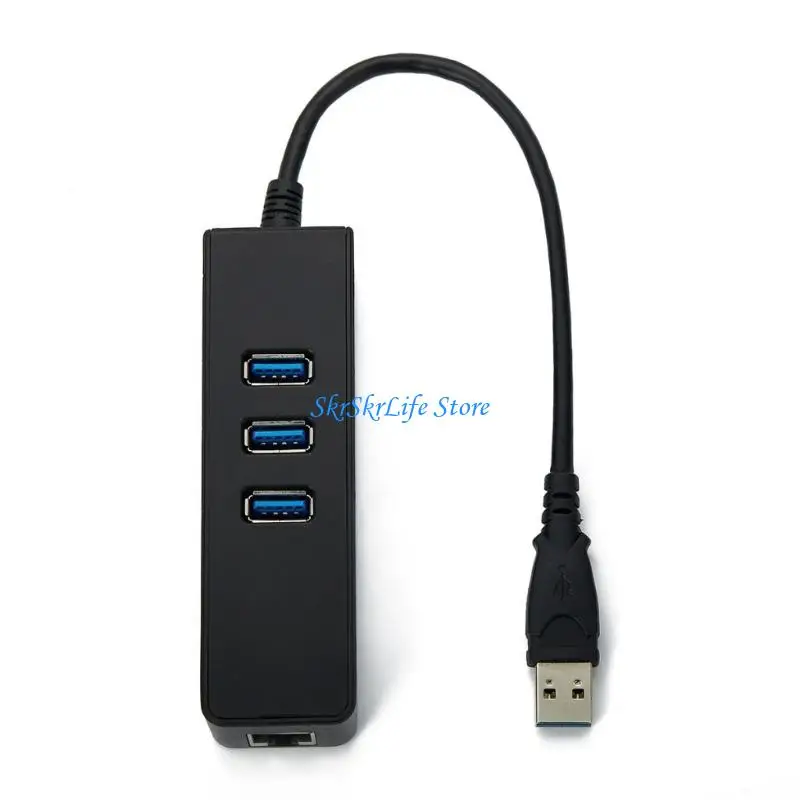 E65E Office Computer USB Ethernet Adapter with RJ45 Access, Three USB-A Outlets