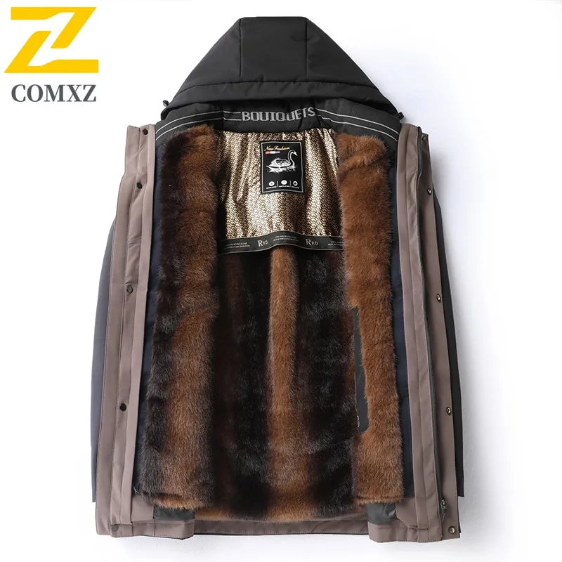 سترة COMXZ الرجالية الطويلة خفيفة الوزن للأعمال كاجوال معطف منتفخ دافئ ممتاز قابل للفصل وغطاء للرأس معطف شتوي طويل للعمل