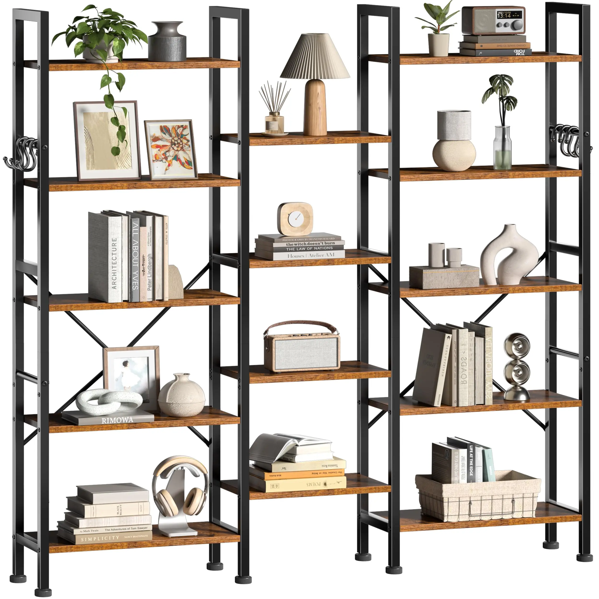 Triple 5 Tier Bookshelf with 14 Display Shelves, Rustic