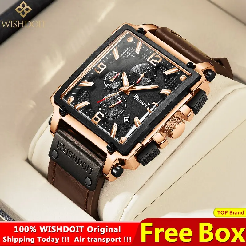 ZUNPAI Original Watch for Men\'s Waterproof Stainless Steel Leather Strap Quartz Fashion Sports Chronograph Square Wristwatches