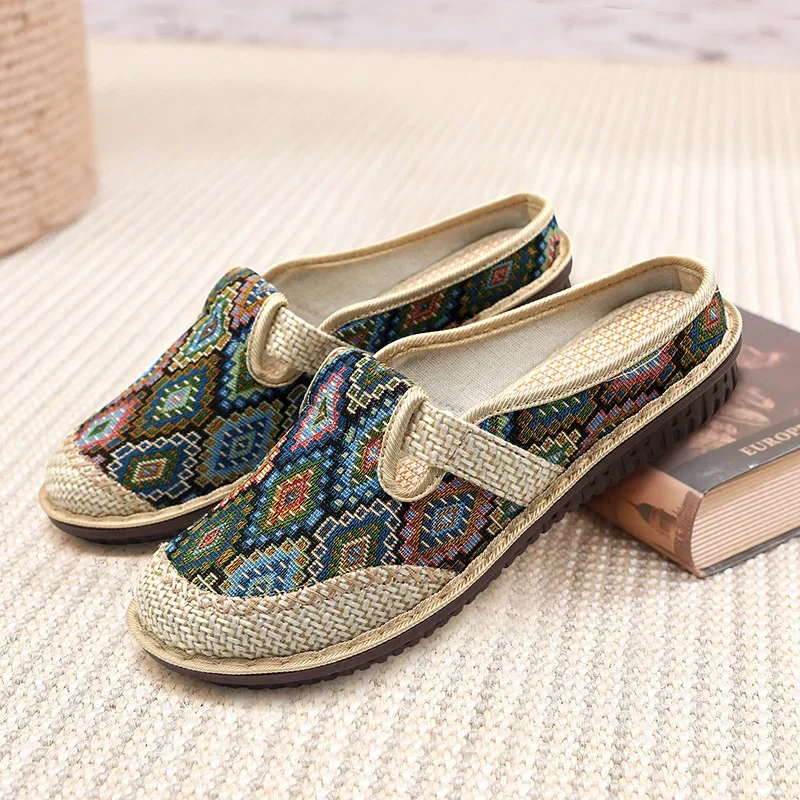 Women Slipper Ethnic Embroidery Summer Flat Shoe Linen Wedge Cloth Shoes Soft Sole Walking Elderly Sandal Ladies Slip-on Muller