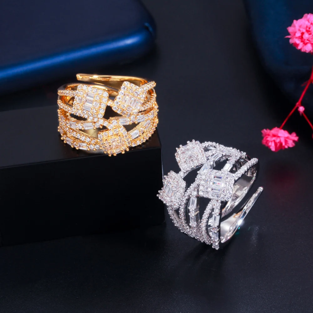 BeaQueen Luxurious Full AAA Shiny Cubic Zirconia Crystal Big Wide Finger Rings for Women Wedding Engagement Jewelry Gifts R165