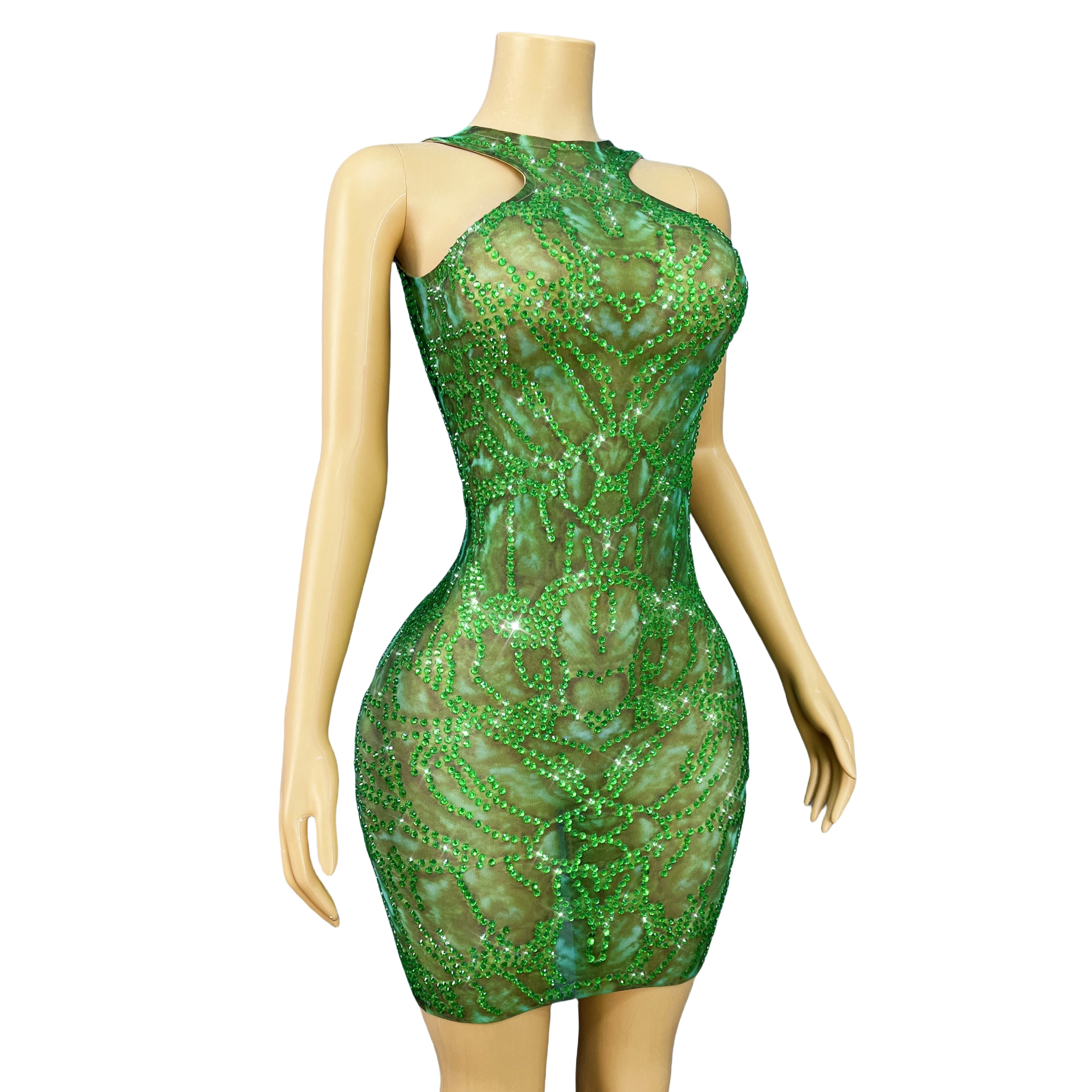 Sexy Zomer Groene Strass Mouwloze Jurk Verjaardag Vieren Party Danskostuum Zanger Prestaties Danskostuum Anyinglv