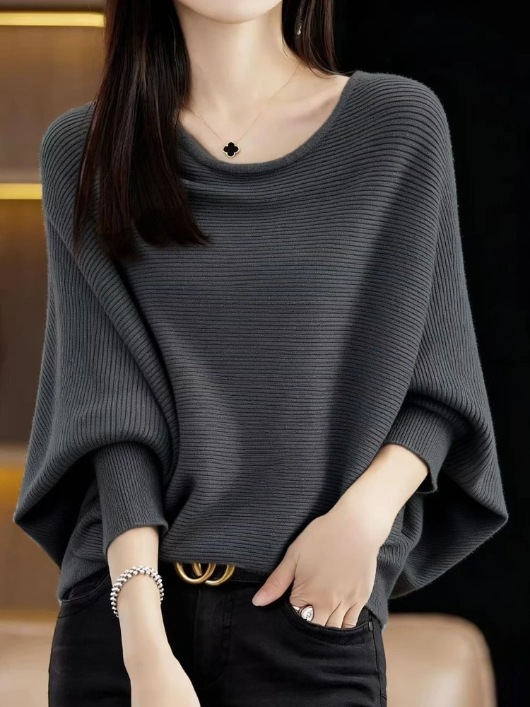

Women's Ort Batwing Sweater Round Ne Knitted Woolen Top Loose Fit Color Mom's Knitwear Base Layer Irt