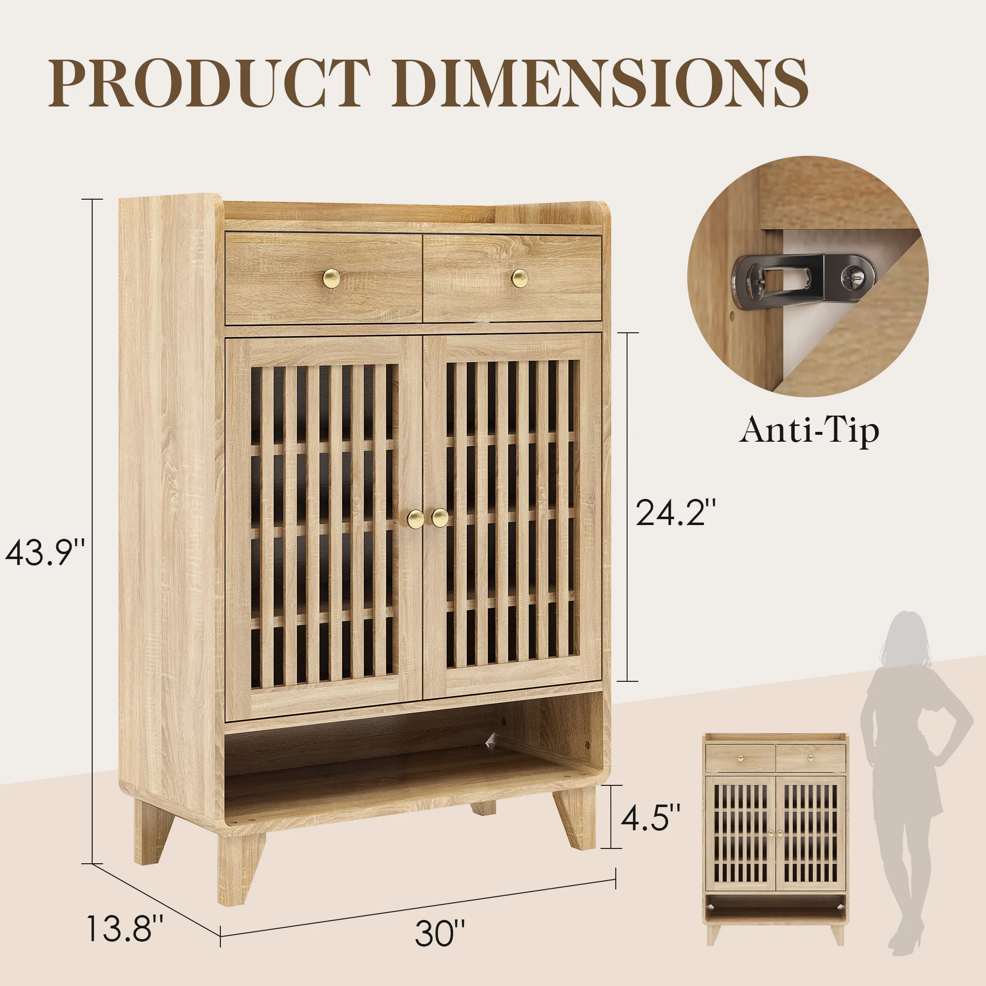 TCGBKAF Oak Shoe Storage Cabinet for Entryway 6-Tier Wooden Enclosed Shoe Dresser with Slatted Doors Anti-tipping Adjustable Shelves With Drawers Narrow Shoes Rack Organizer for Hallway&Front Door&Closet