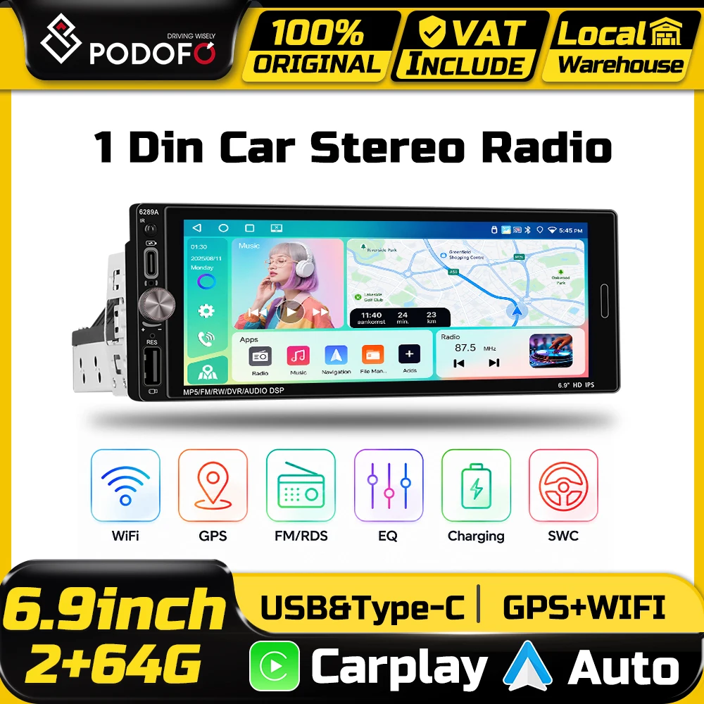 Autoradio multimédia Podofo 2+64G avec CarPlay sans fil, Android Auto, Mirror Link, écran tactile 6,9 pouces, système intelligent pour voiture, GPS, écran partagé, WIFI, BT, EQ, FM, RDS, radio stéréo