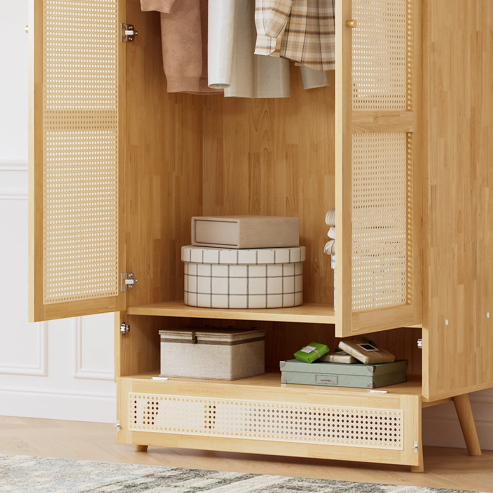 Kleiderschrank mit Stange, 2-türiger Kleiderschrank, Schlafzimmer, Rattansetz, Wohnzimmer, mit unterem Flip-Top-Deckel, Sperrholz + PE-Rattan, Natur – Detail 3