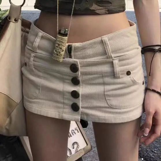 Mini Skirt Layering Multiple Buttons Women Apricot A-Line Jean Skirt Vintage Y2k Large Size Harajuku Korean Skirts Summer 2024