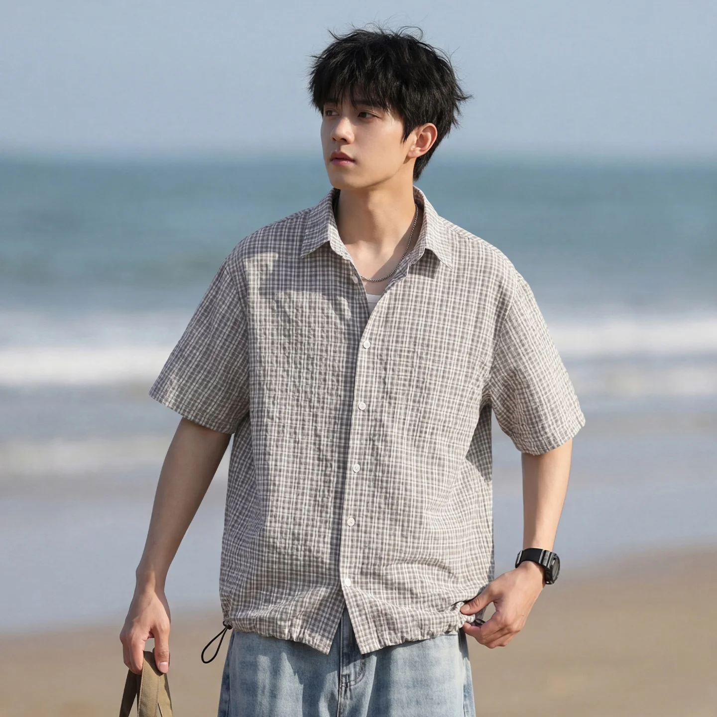 TFETTERS 2026 Summer Vintage Checked Shirt Men Loose Fit Half Sleeve Adjustable Hem Streetwear Daily Cardigan Blouse for Man