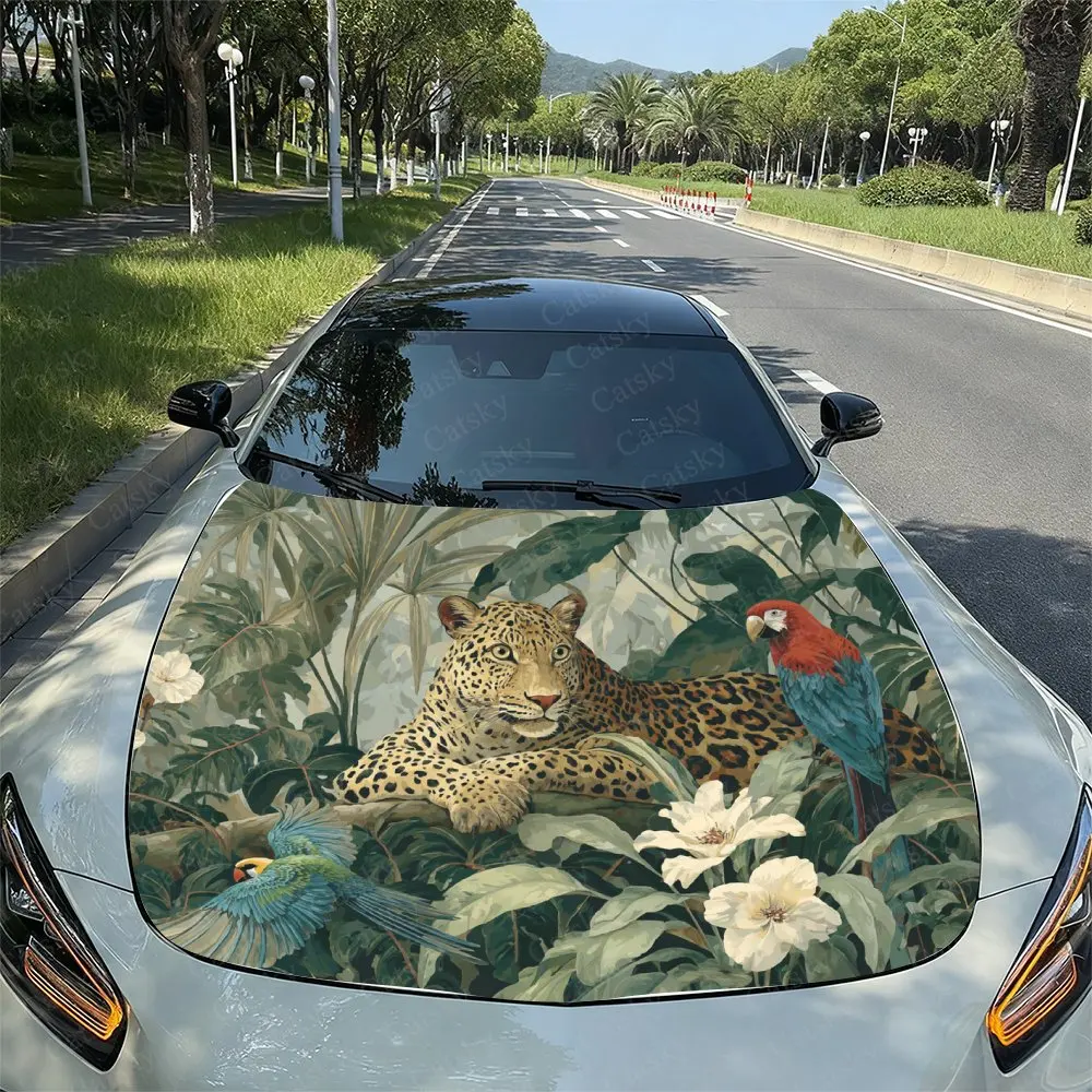 Leopard And Parrot Car Hood Decal Sticker - Durable Vinyl Protective Film For Most Vehicles, Scratch-Resistant Automotive Exteri