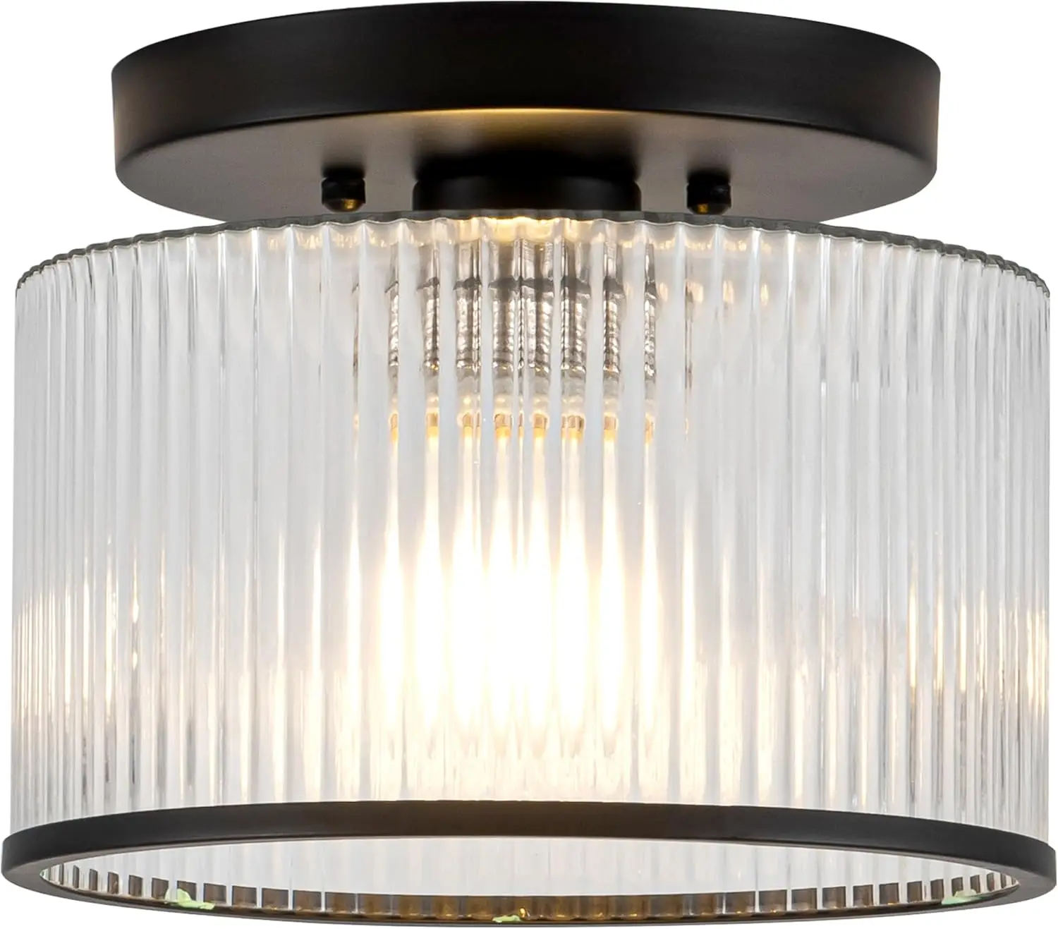 

Clear Ribbed Glass Ceiling Light with Black Metal Frame, Modern Semi Flush Mount for Hallway Bedroom Bathroom Entryway Kitchen