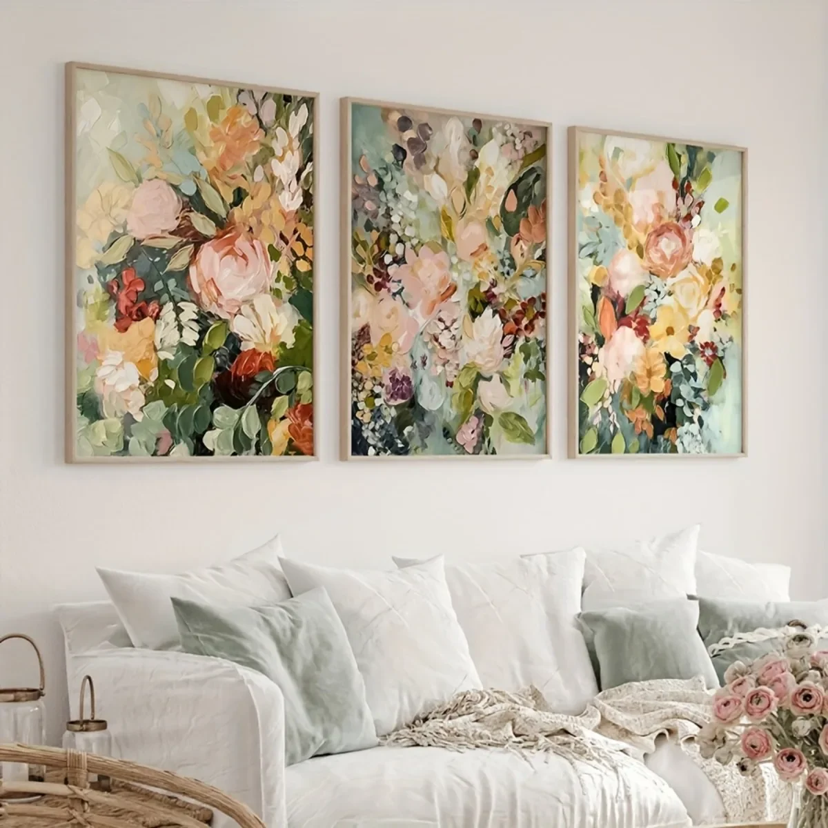 Multiple sizes 3pcs frameless Canvas Painting,3pcs/set Boho Pastel Floral Abstract Canvas Print Poster Vintage Vibrant Flowers A