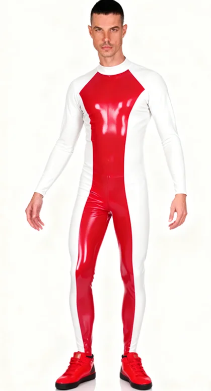 

100% Latex Gummi Rubber Catsuit Sport Bodysuit Cosplay Jumpsuit Two-tone spliced uniform