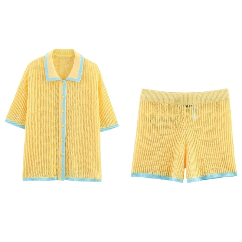

Simple Knitted irt Collar ort Sve Outerwear Women's Faion Summer New Arrival 2025 Button Closure Two-Piece Set