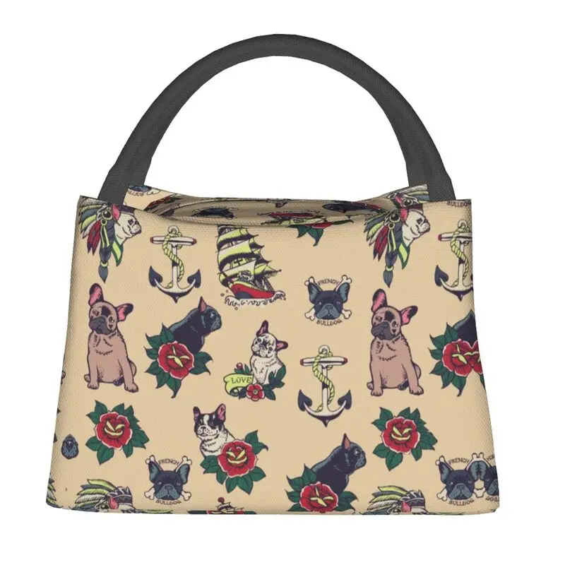 Custom Cute French Bulldog Tattoo Lunch Bags Men Women Cooler Warm Insulated Lunch Box for Work Pinic or Travel
