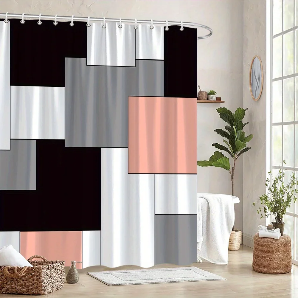 

1 шт. современная занавеска для душа с геометрическими абстрактными квадратами — черный, белый, серый и персиковый, можно стирать в машине, современный декор для ванны